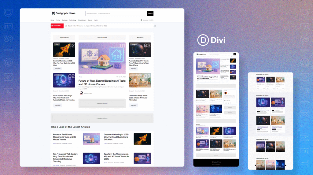 Divi 5 modern news and magazine blog layout preview — responsive homepage design with trending posts, article grids, and global styling options by Designpik.