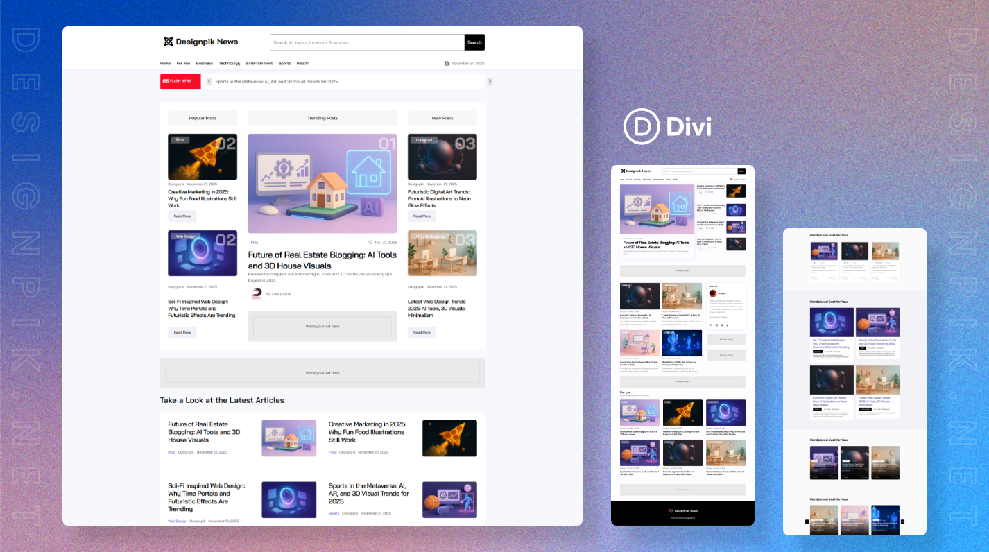 Divi 5 modern news and magazine blog layout preview — responsive homepage design with trending posts, article grids, and global styling options by Designpik.