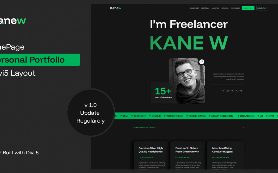 Modern Divi 5 freelancer portfolio layout featuring dark-theme UI, project grid, case study design, services section, experience timeline, and personal branding hero section.”