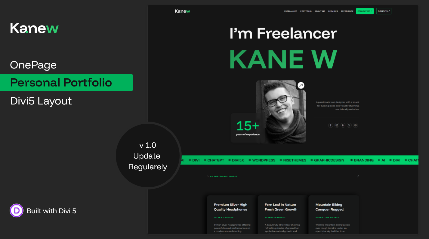 Modern Divi 5 freelancer portfolio layout featuring dark-theme UI, project grid, case study design, services section, experience timeline, and personal branding hero section.”